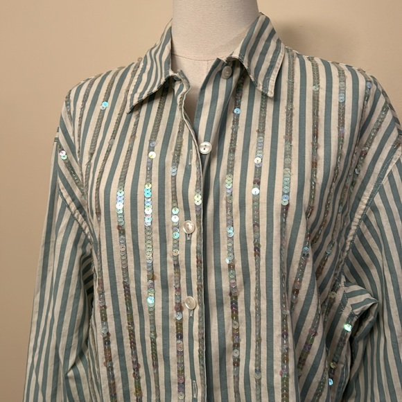 LIZWEAR Vintage 1990s | Deadstock Sequin & Striped Button-Down Blouse size large - Picture 6 of 9